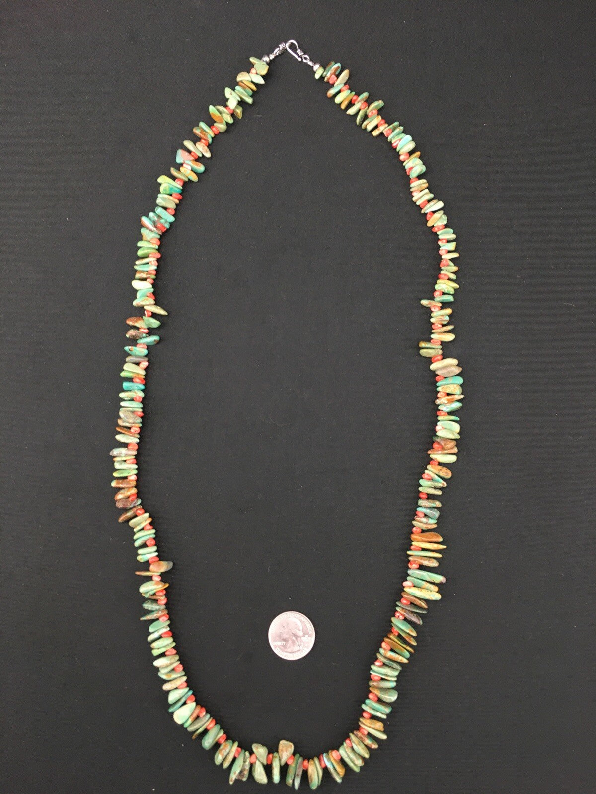 Green Turquoise & Spiny Oyster Navajo Sterling Silver Necklace 34" 04738