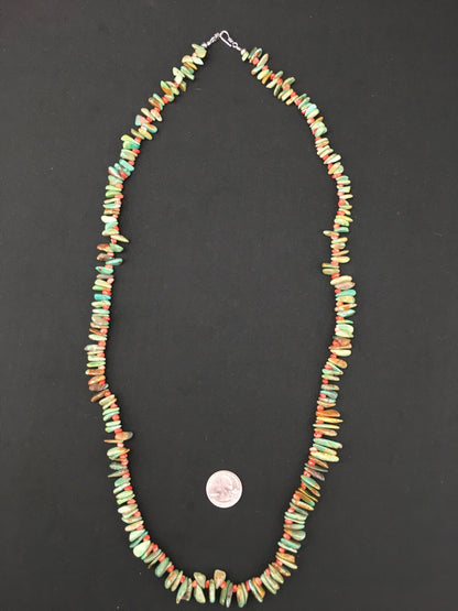 Green Turquoise & Spiny Oyster Navajo Sterling Silver Necklace 34" 04738