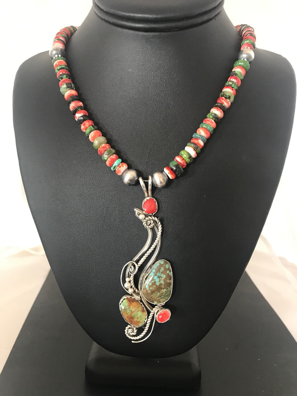 Turquoise #8 & Spiny Oyster Pendant Navajo Sterling Silver Beads Necklace 08646