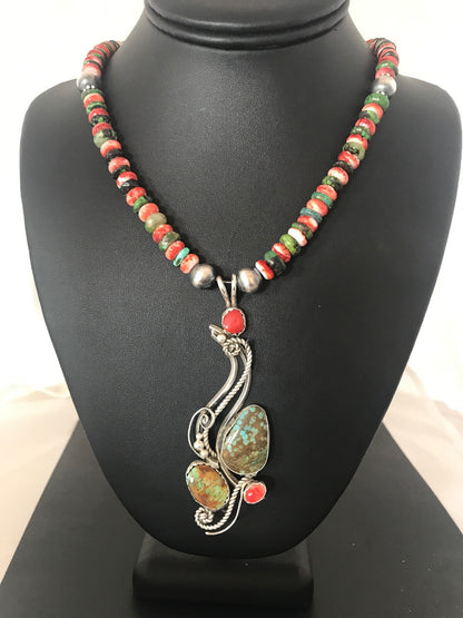 Turquoise #8 & Spiny Oyster Pendant Navajo Sterling Silver Beads Necklace 08646