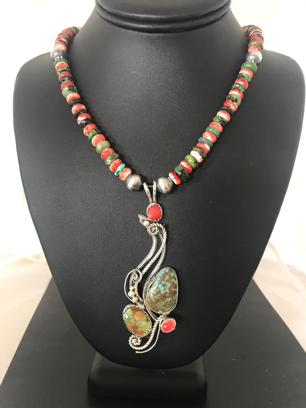 Turquoise #8 Spiny Oyster Pendant Navajo Beads Necklace | Sterling Silver | Authentic Native American Handmade | 08646