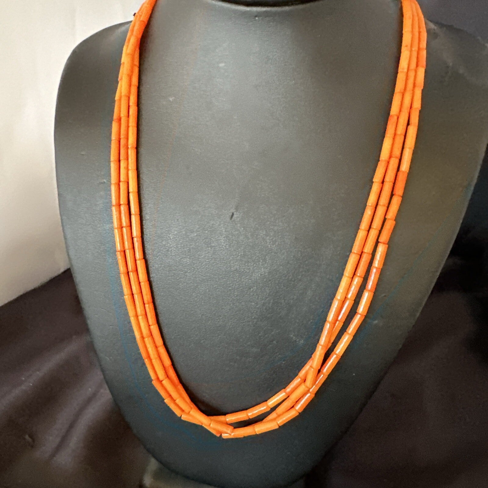 Native American Orange Coral Tubes Sterling Silver 3 Strand Necklace 21" 17821