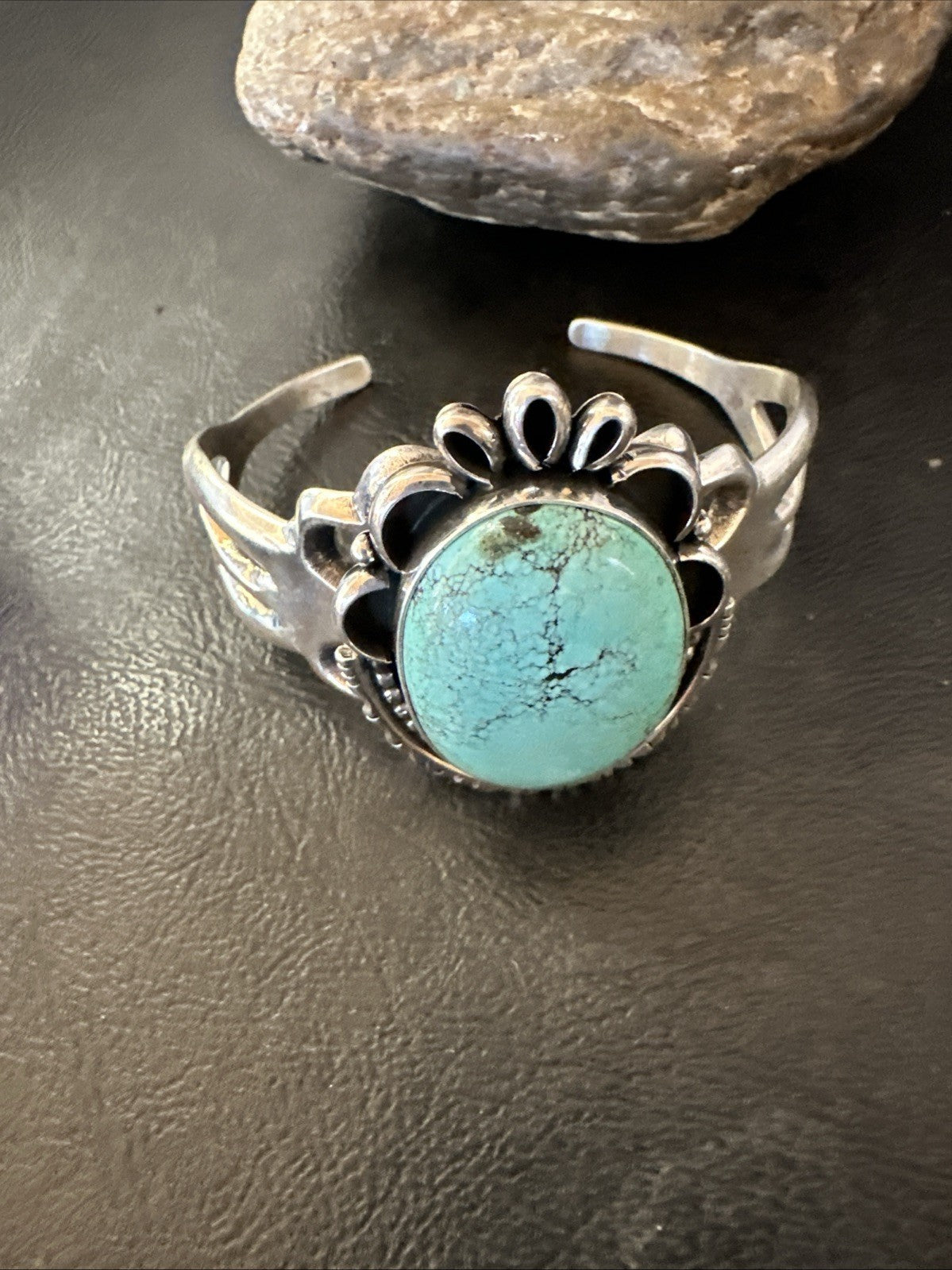 Yazzie Mens Blue Turquoise Navajo Sterling Silver Tufa Cast Cuff Bracelet 19694