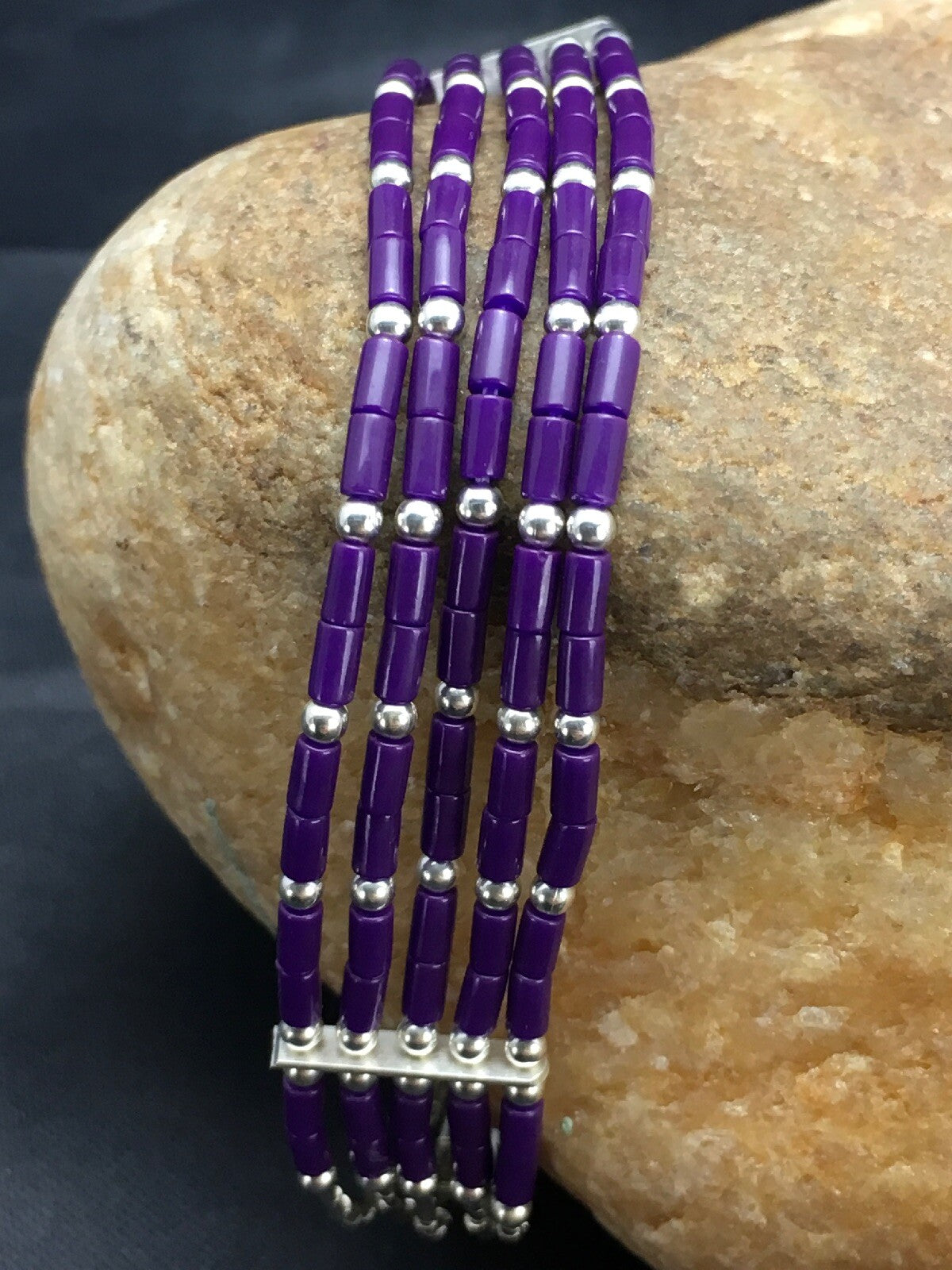 Purple Stone Heishi 5Strand Southwestern Liquid Sterling Silver Bracelet 7" 2933