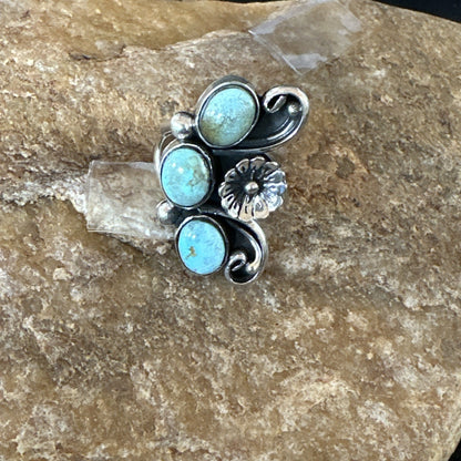 Yazzie Ring Green Turquoise Navajo Sterling Silver Cluster Size 8.5 19213