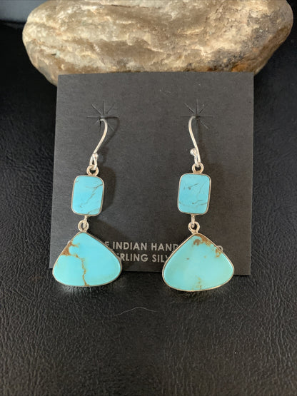 Blue Kingman Turquoise Navajo Sterling Silver Dangle Earrings 1.5" 14076