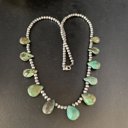 Green Turquoise Teardrop  Sterling Silver Beads Necklace 20" 13431