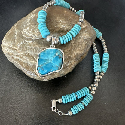 Blue Kingman Turquoise 2 Sided Pendant Navajo Sterling Native Necklace 20" 19516