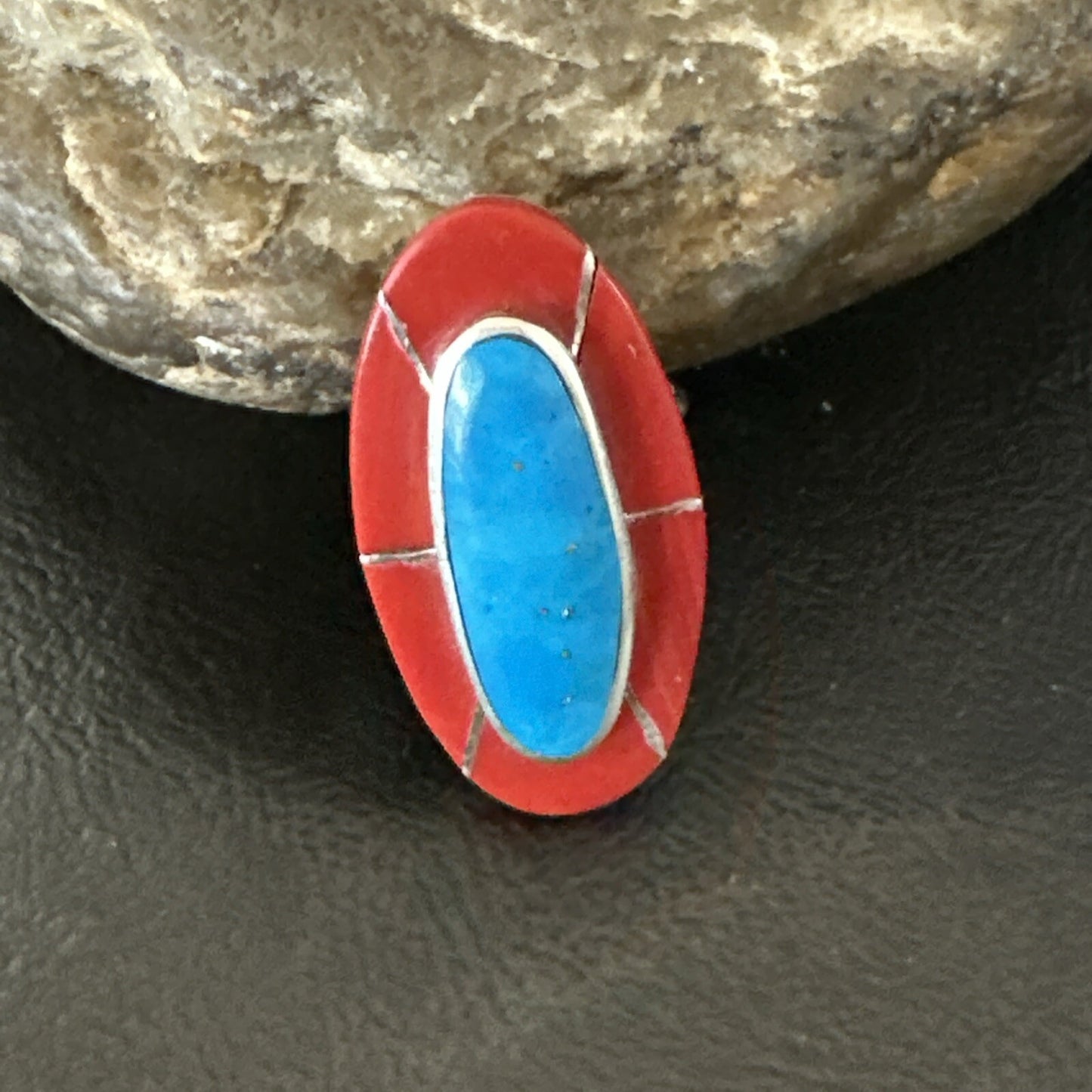 Blue Turquoise Coral Navajo Sterling Silver Ring Size 7.5 18767