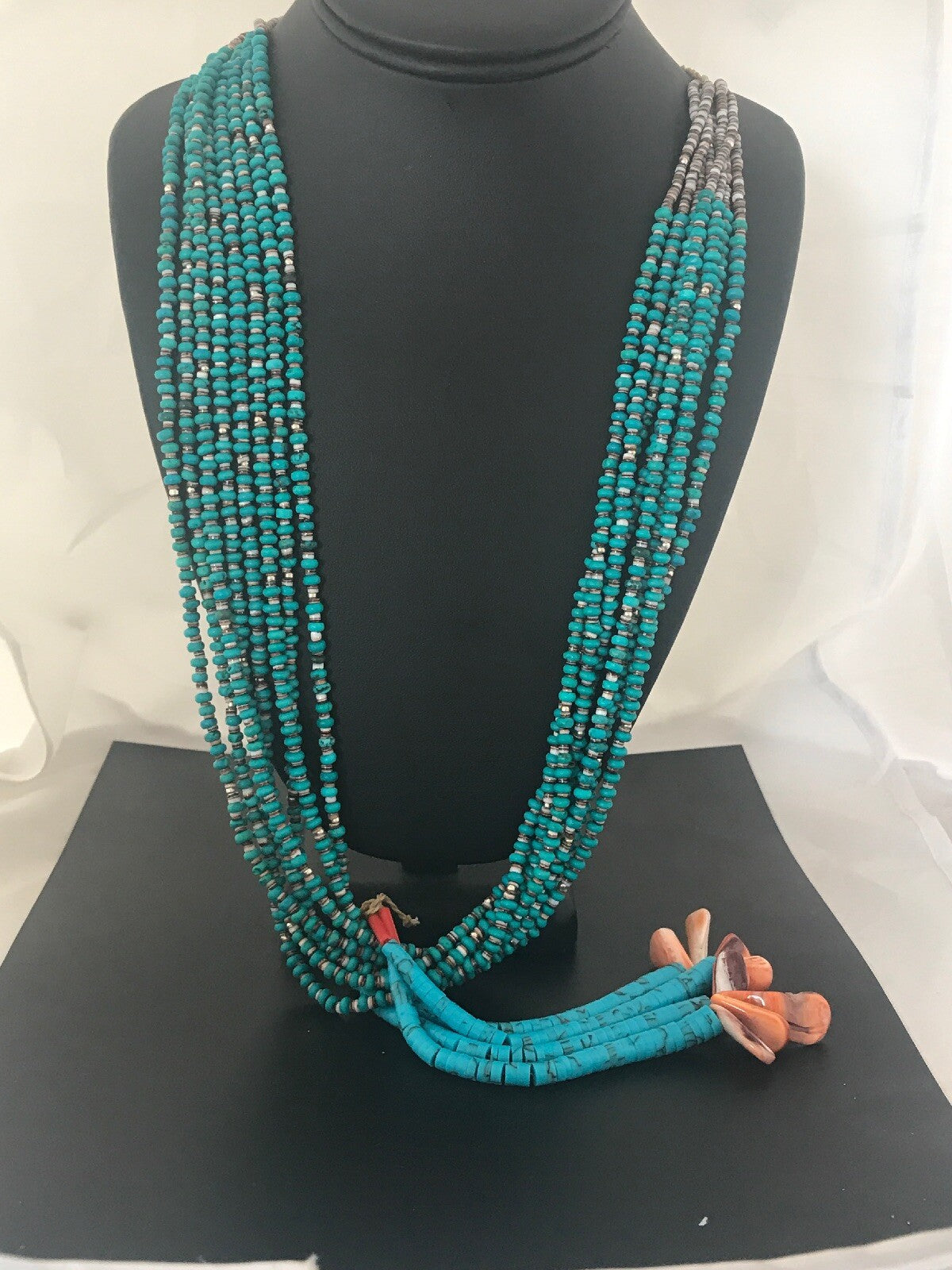 Mens Turquoise Bead 9 Strands Navajo Pearls Sterling Silver Necklace 08451