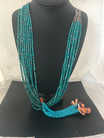 Mens Turquoise Bead 9 Strands Navajo Pearls Sterling Silver Necklace 08451
