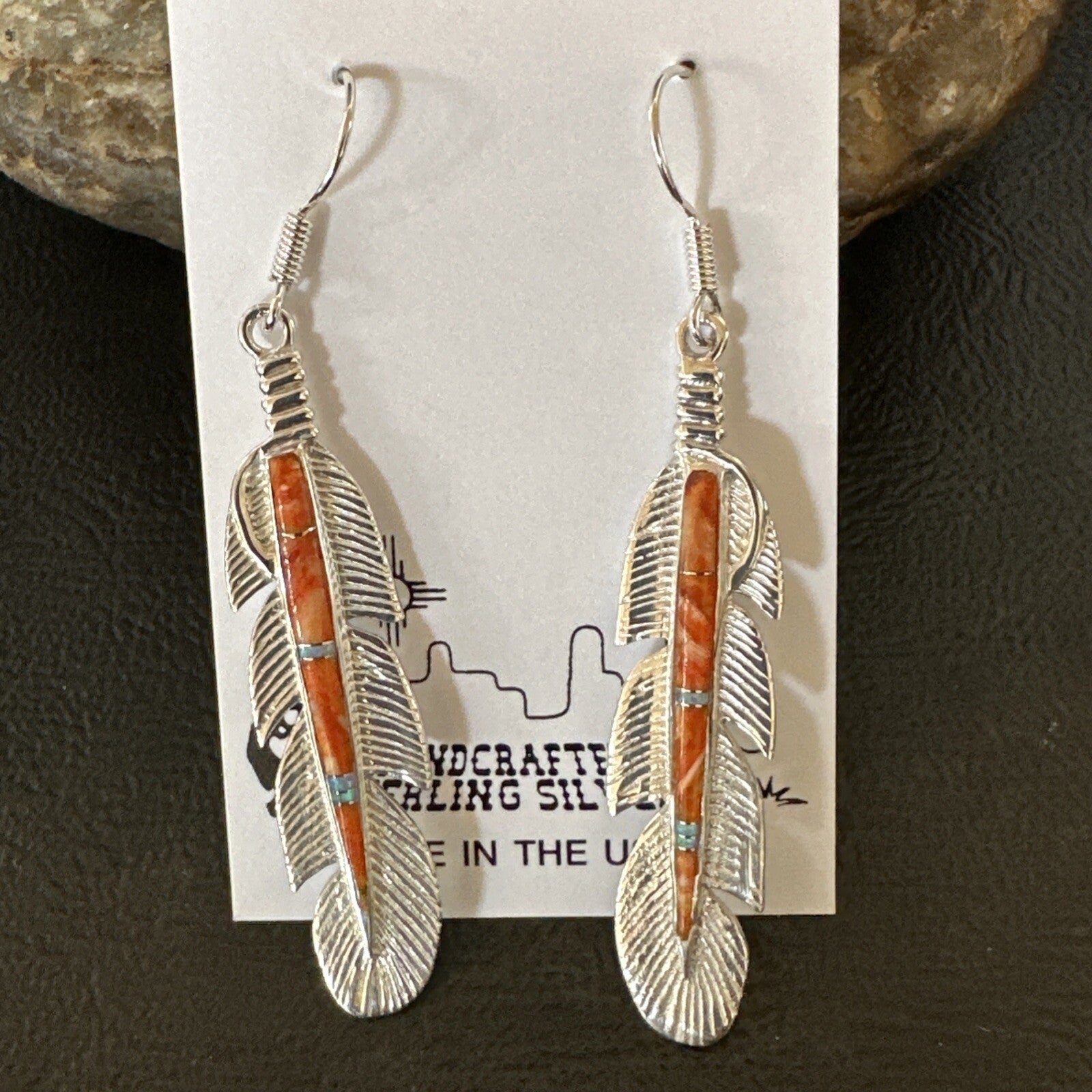Orange Spiny Oyster Opal Sterling Silver Handmade Inlay Feather Earrings 18695