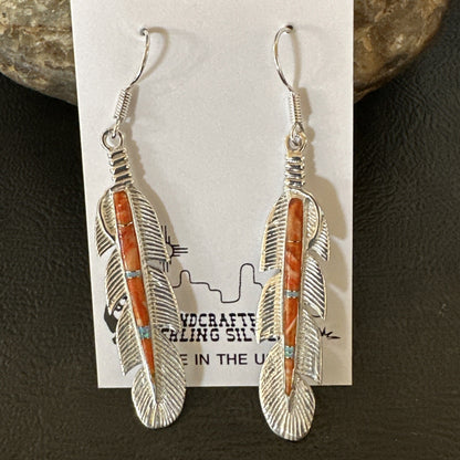Orange Spiny Oyster Opal Sterling Silver Handmade Inlay Feather Earrings 18695