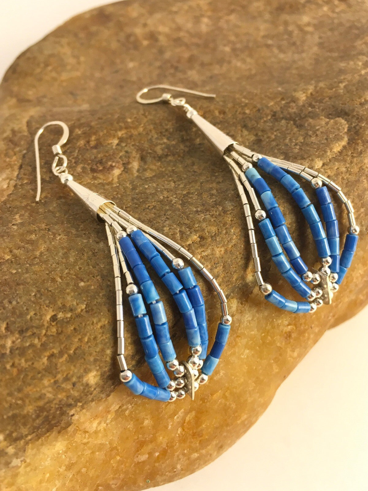 Blue Turquoise Heishi Tube Liquid Sterling Silver Dangle Earrings 2” 8873
