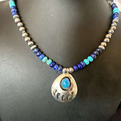 Mens Blue Turquoise Lapis BearPaw Pendant Navajo Sterling Silver Necklace 17882