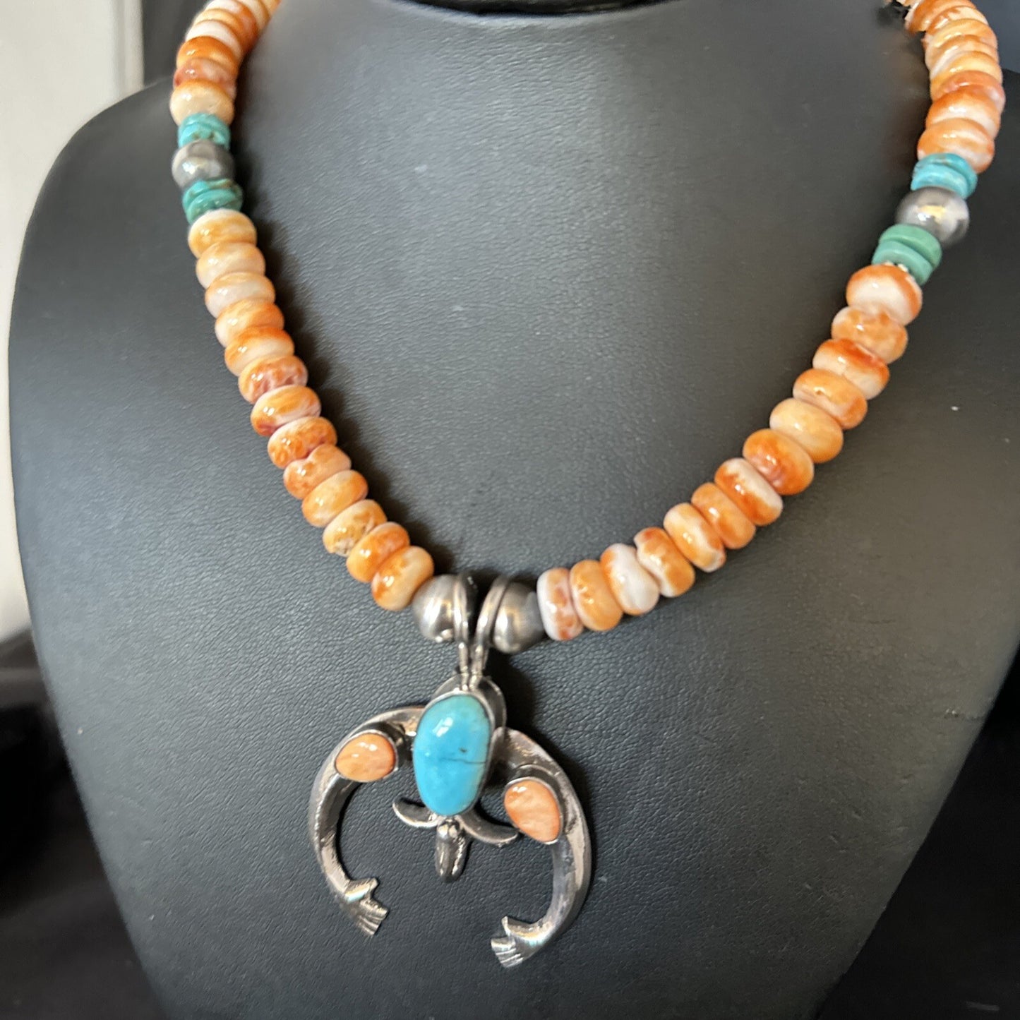 Blue Turquoise & Spiny Oyster Naja Pendant Navajo Sterling Silver Necklace 14811