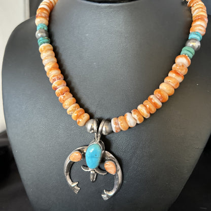 Blue Turquoise & Spiny Oyster Naja Pendant Navajo Sterling Silver Necklace 14811