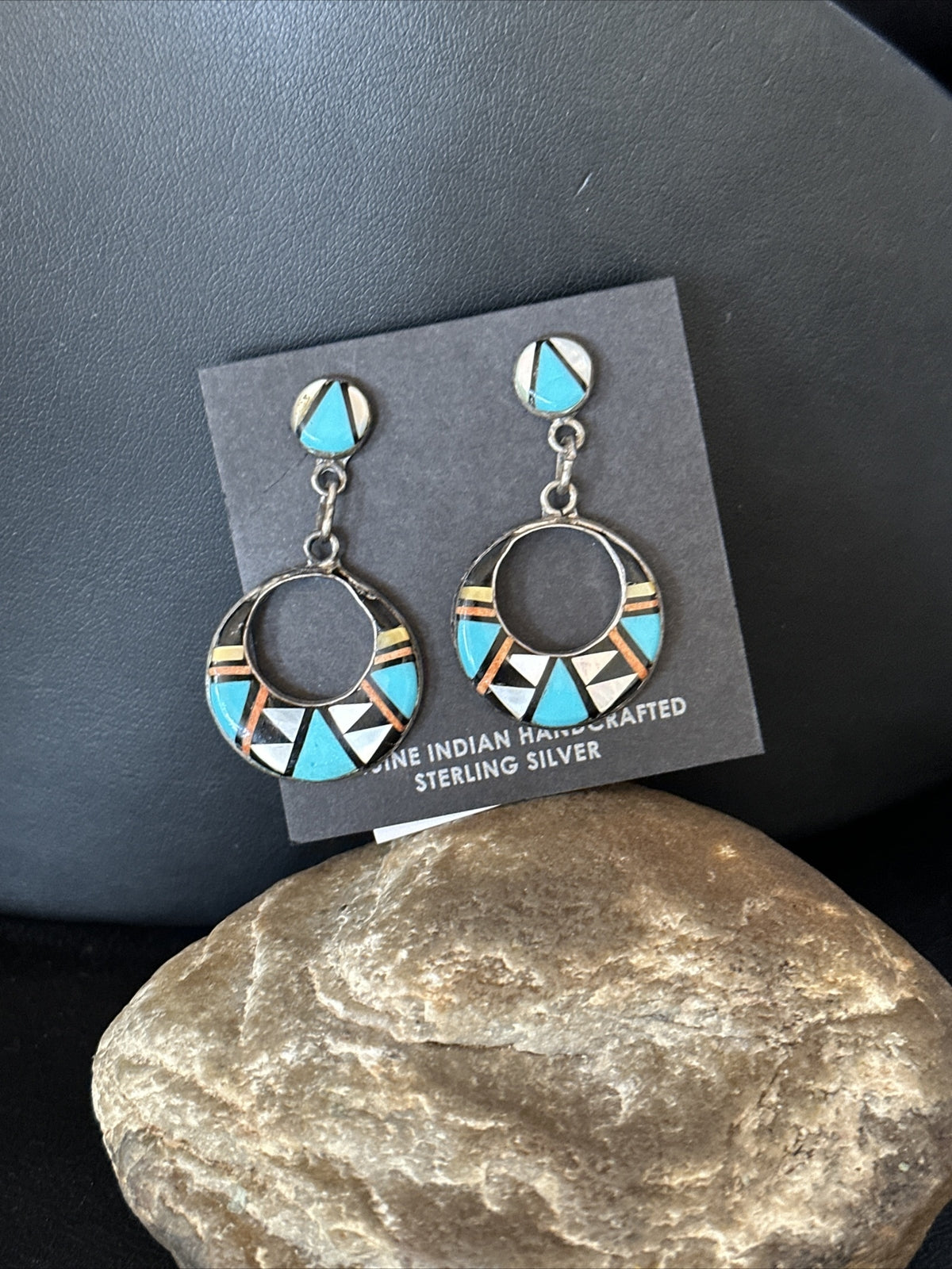 Coral Turquoise Onyx Abalone Zuni Sterling Silver Inlay Earrings 14768