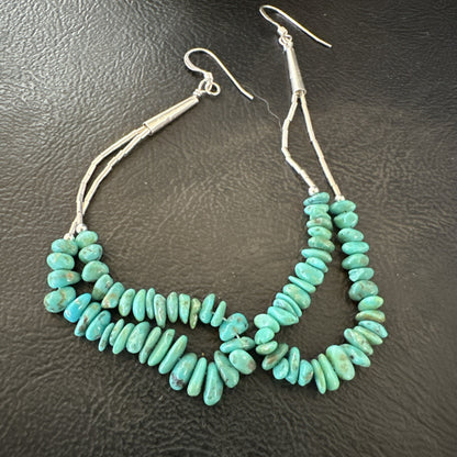 Long Blue Turquoise Nugget Bead Sterling Silver Beads Navajo Earrings 3” 18096