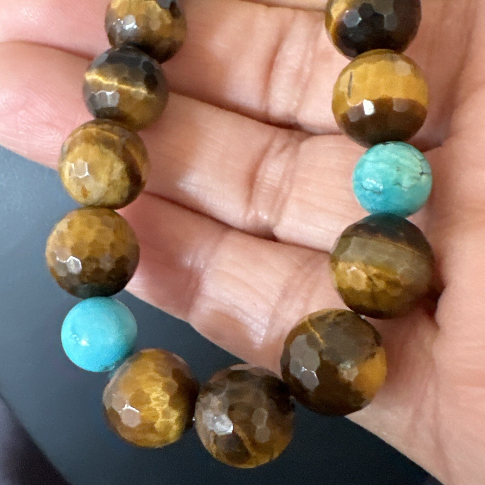 WoMens Tiger Eye Blue Turquoise  Sterling Silver Beads Necklace 19” 18169