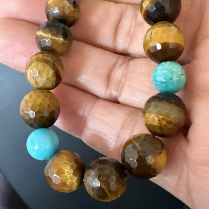 WoMens Tiger Eye Blue Turquoise  Sterling Silver Beads Necklace 19” 18169