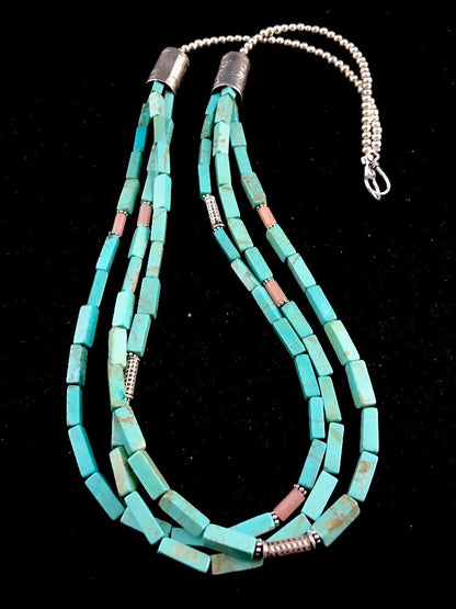 Navajo 3S Stabilized Blue Turquoise Pink Opal Bead Sterling Silver Necklace1201