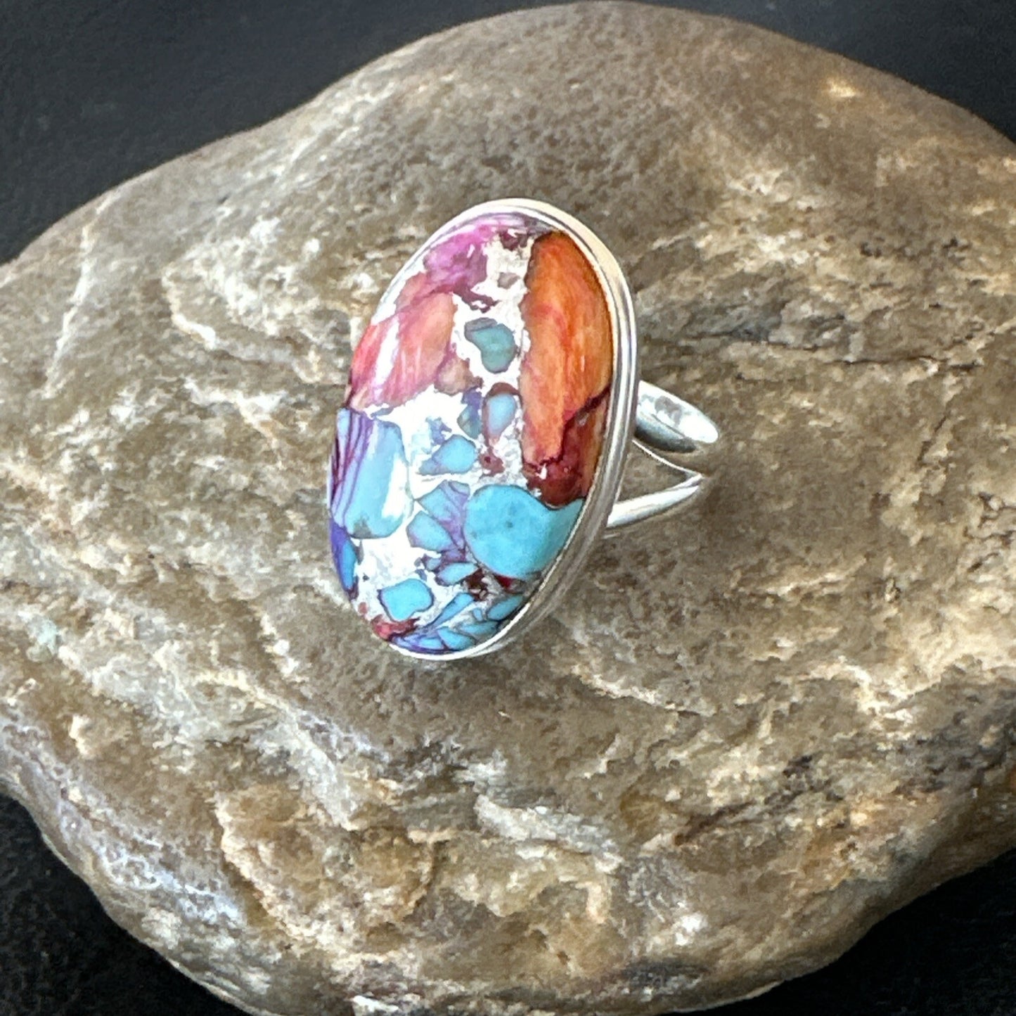 Blue Turquoise Spiny Oyster Southwestern Sterling Silver Ring Size 11 18449
