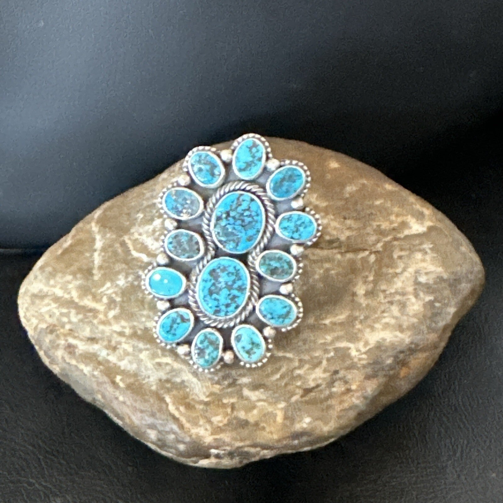 Navajo Cluster Blue Kingman Turquoise Sterling Silver Adjustable Ring Sz 7 18794