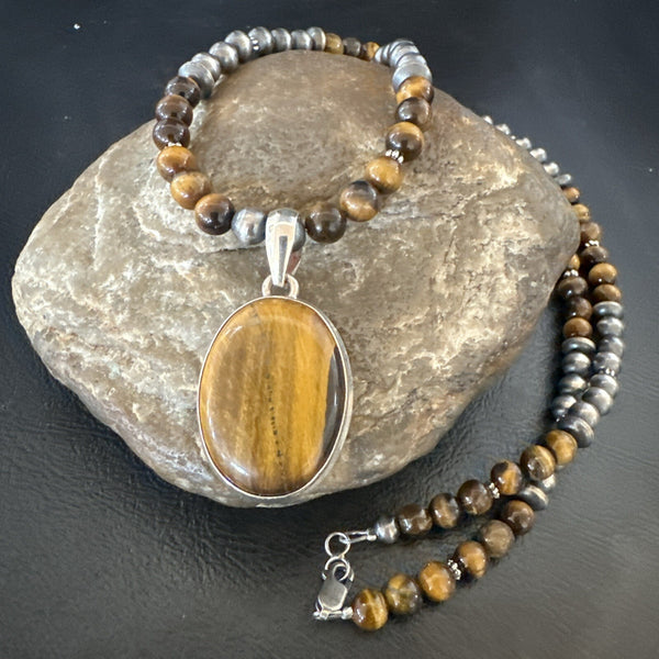 Coffee Brown Tigers Eye Pendant Necklace Southwestern | Sterling Silver | Authentic Native American Handmade | 18283