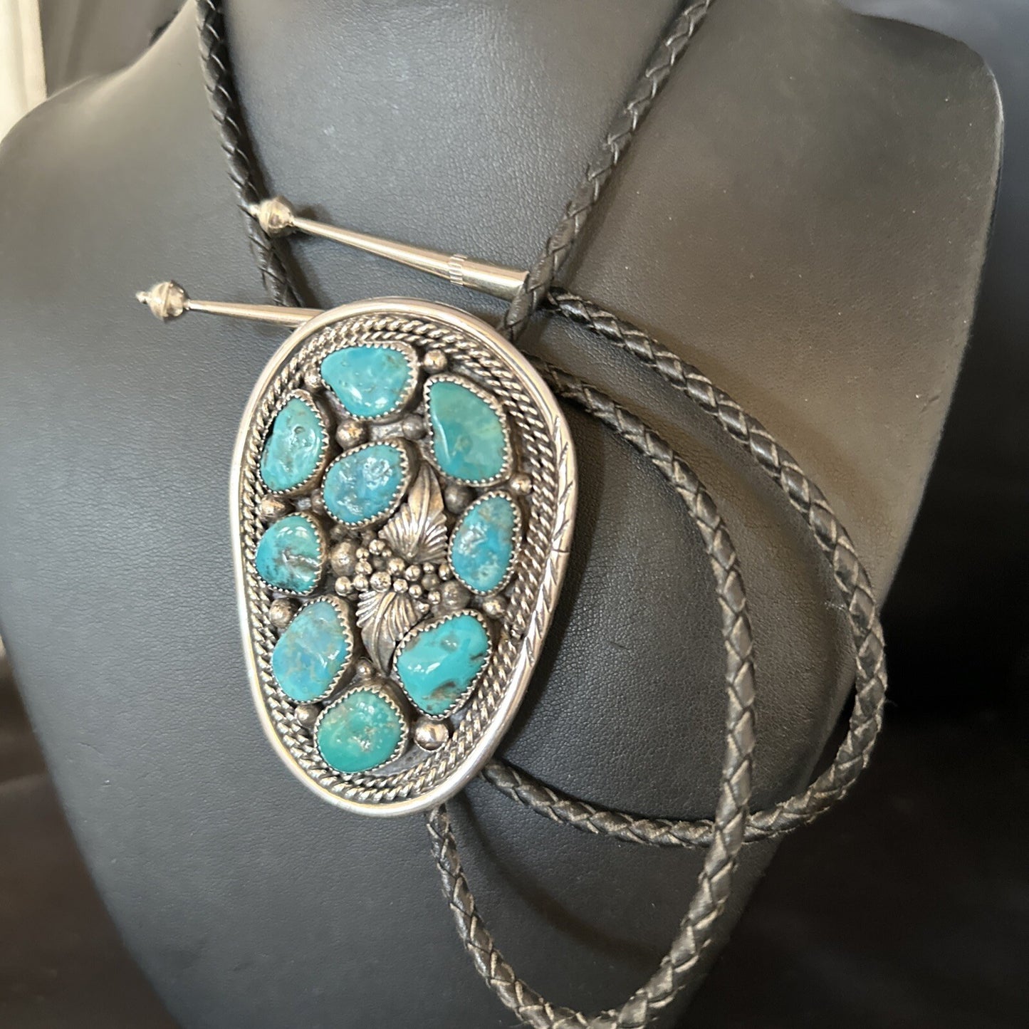 Mens Bolo Tie Cluster Blue Kingman Turquoise Sterling Silver Navajo 14522