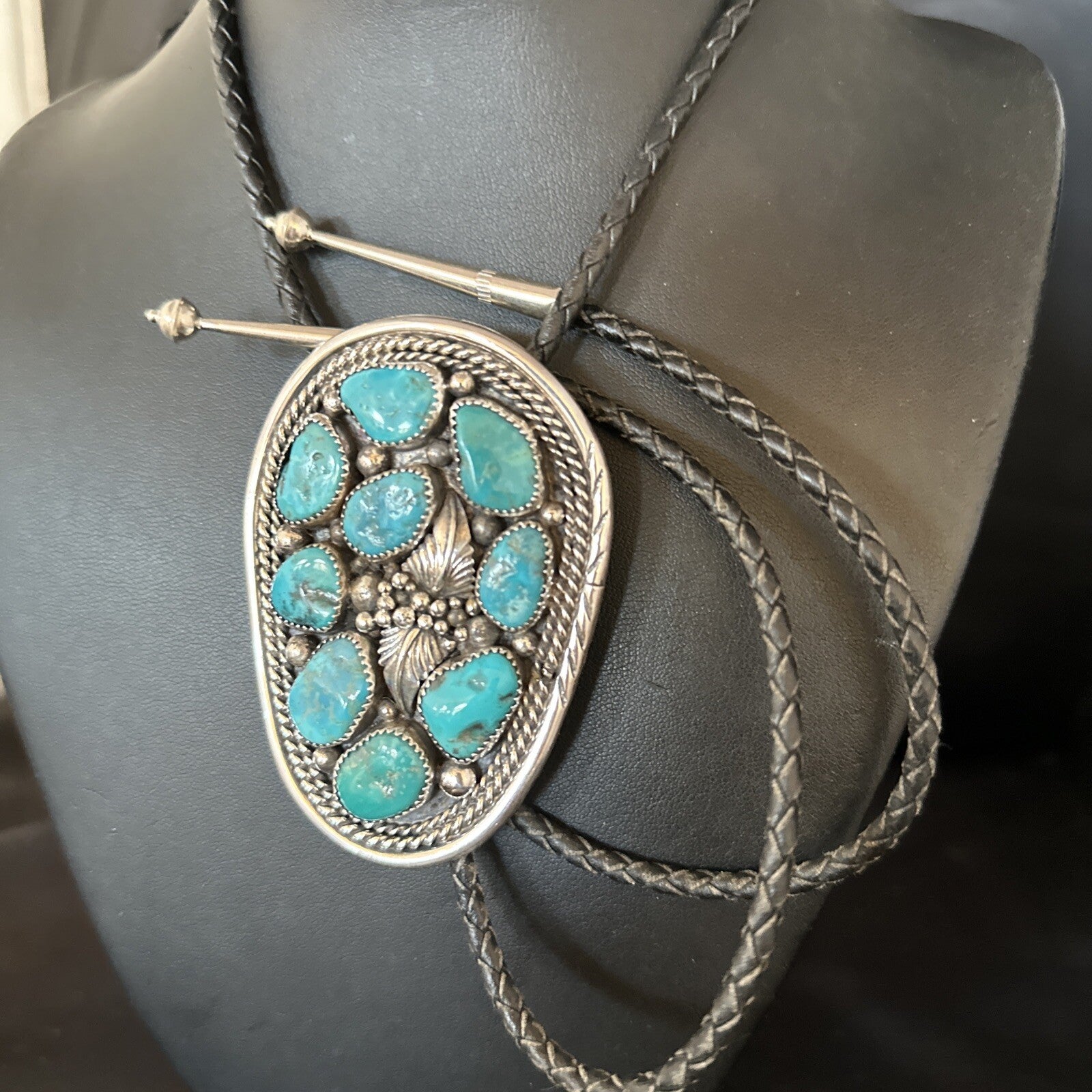 Mens Bolo Tie Cluster Blue Kingman Turquoise Sterling Silver Navajo 14522