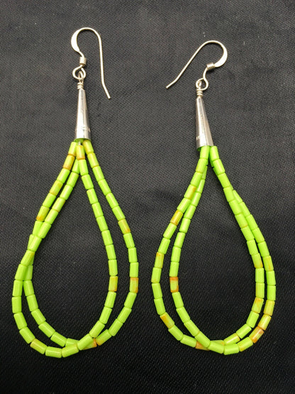 Gift Liquid Silver Heishi Dangle Green Gaspeite Sterling 2S Earrings 2.5” 4370