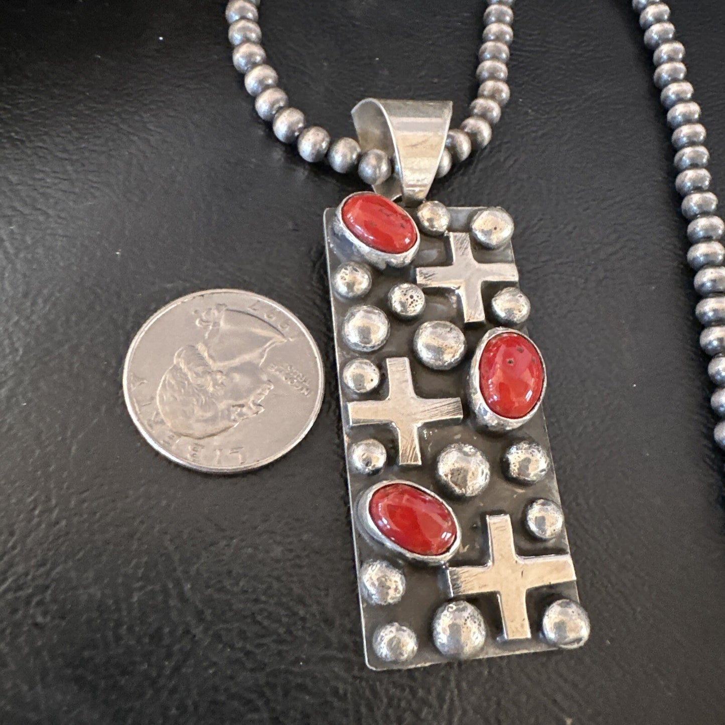 Navajo Pearls Red Coral Necklace Pendant 20” Native American 15909