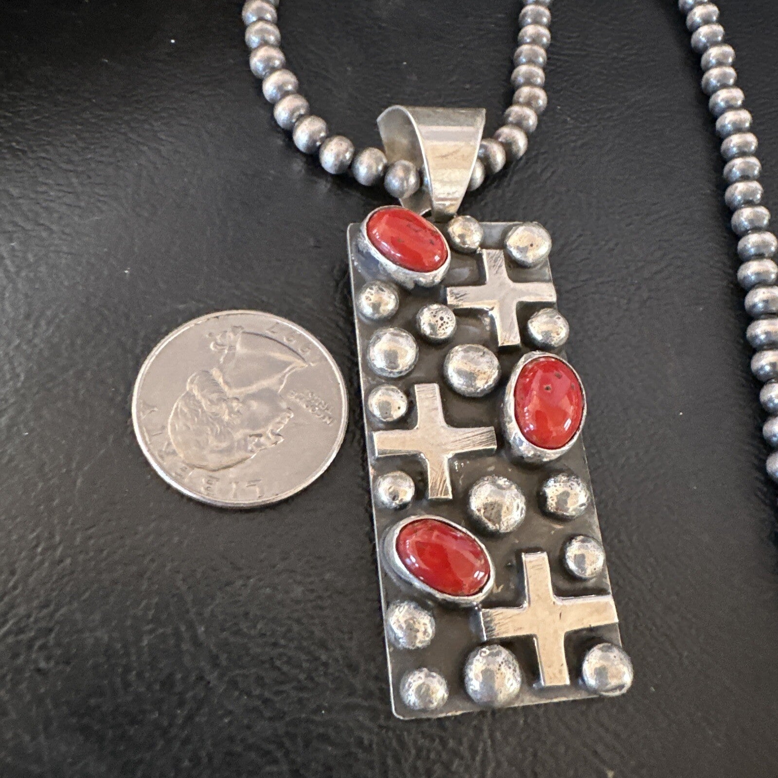 Navajo Pearls Red Coral Necklace Pendant 20” Native American 15909