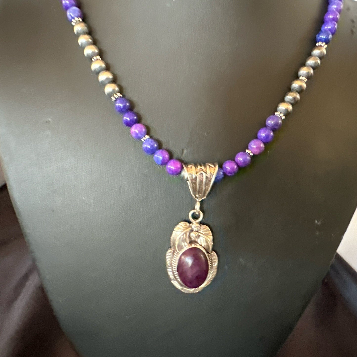 Purple Stone Pendant Navajo Pearls Sterling Silver Necklace 18386