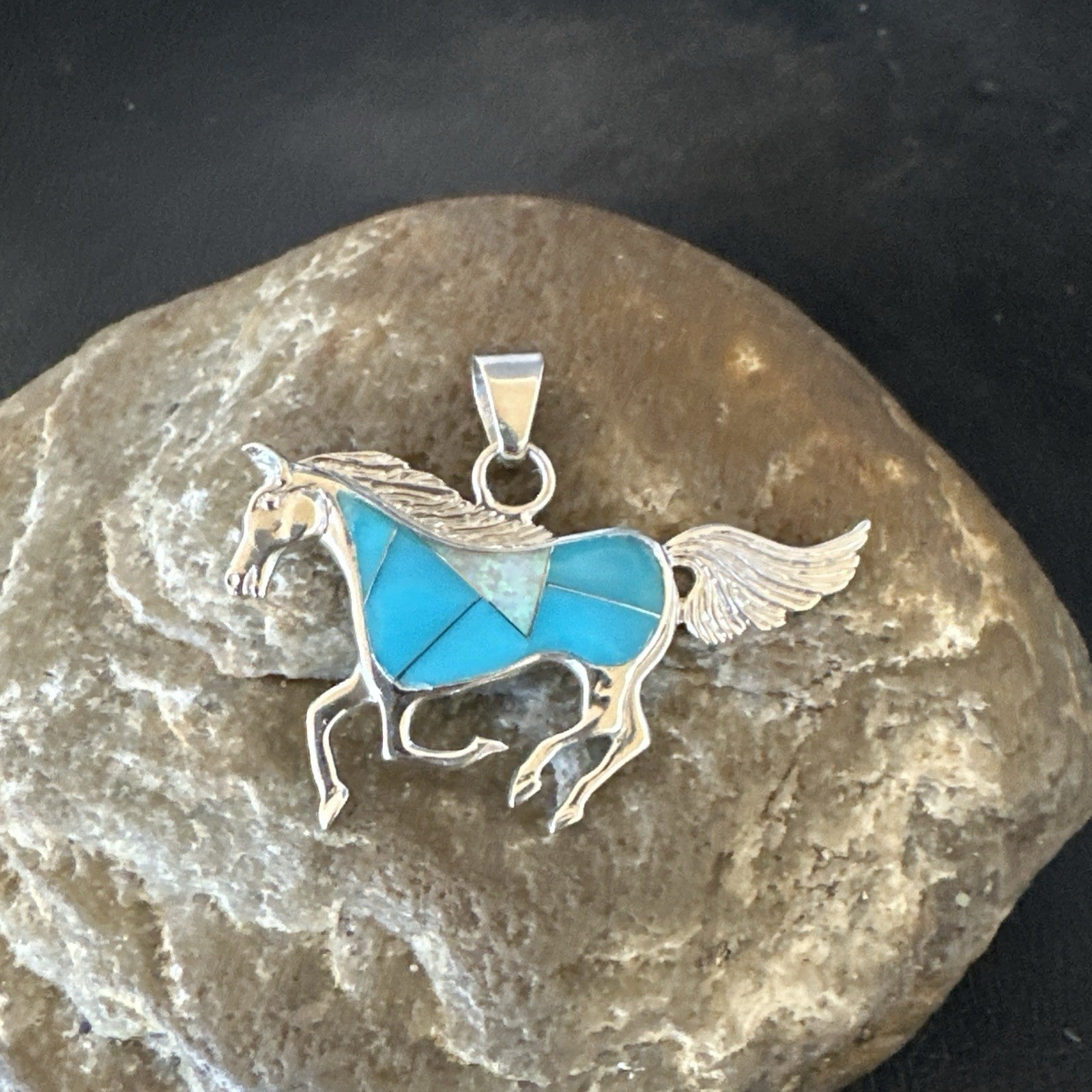 Horse Inlay Southwestern Cowboy Blue Turquoise Sterling Silver Pendant 2” 19160
