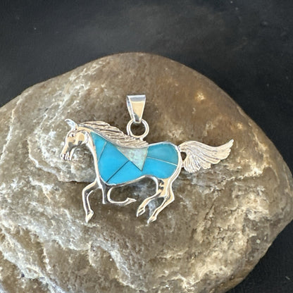 Horse Inlay Southwestern Cowboy Blue Turquoise Sterling Silver Pendant 2” 19160