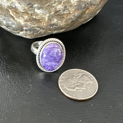 Womens Purple Charoite Navajo Sterling Silver Oval Ring Adjustable Size 9 17247