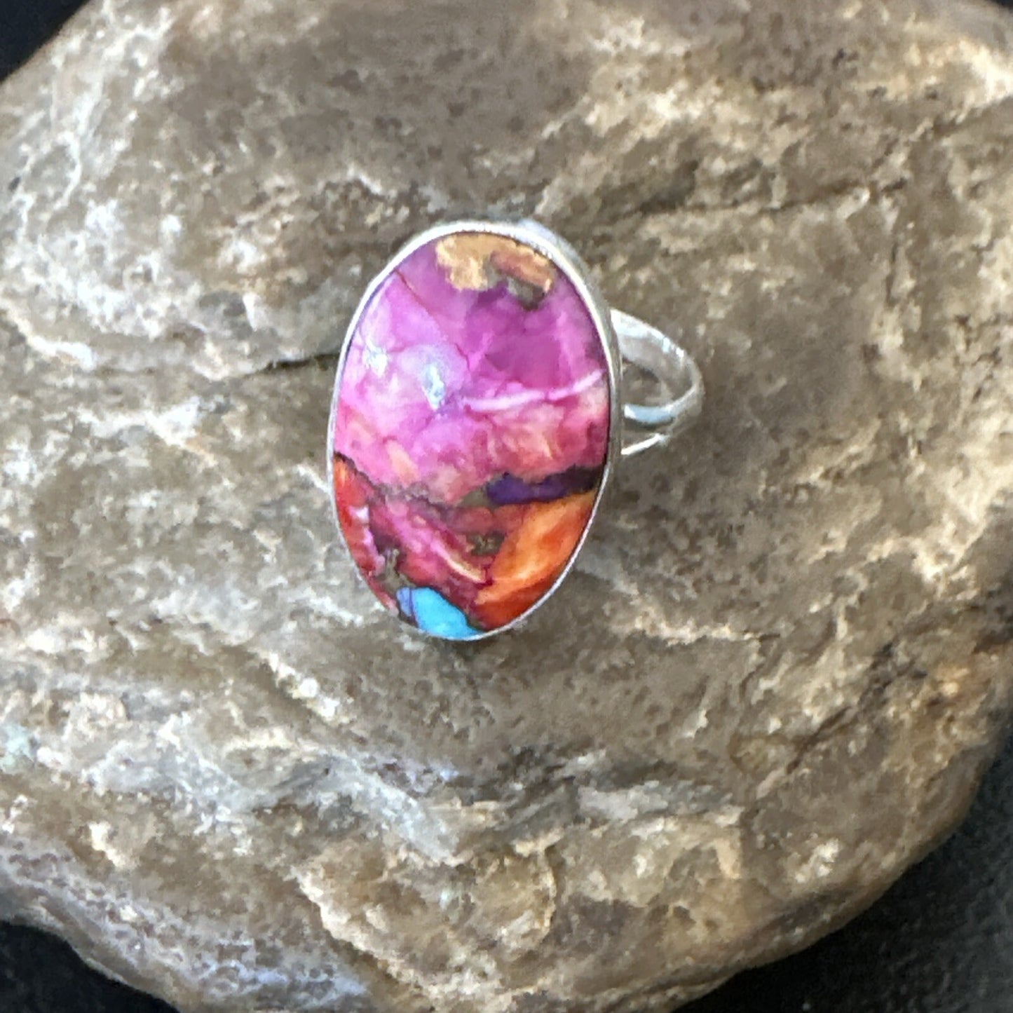 Blue Turquoise Spiny Oyster Southwestern Sterling Silver Ring Size 8 18483