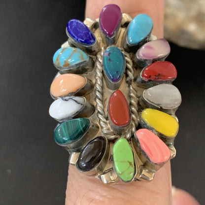 Onyx Lapis Turquoise & Gaspiete Navajo Sterling Silver Inlay Ring Size 8 11960