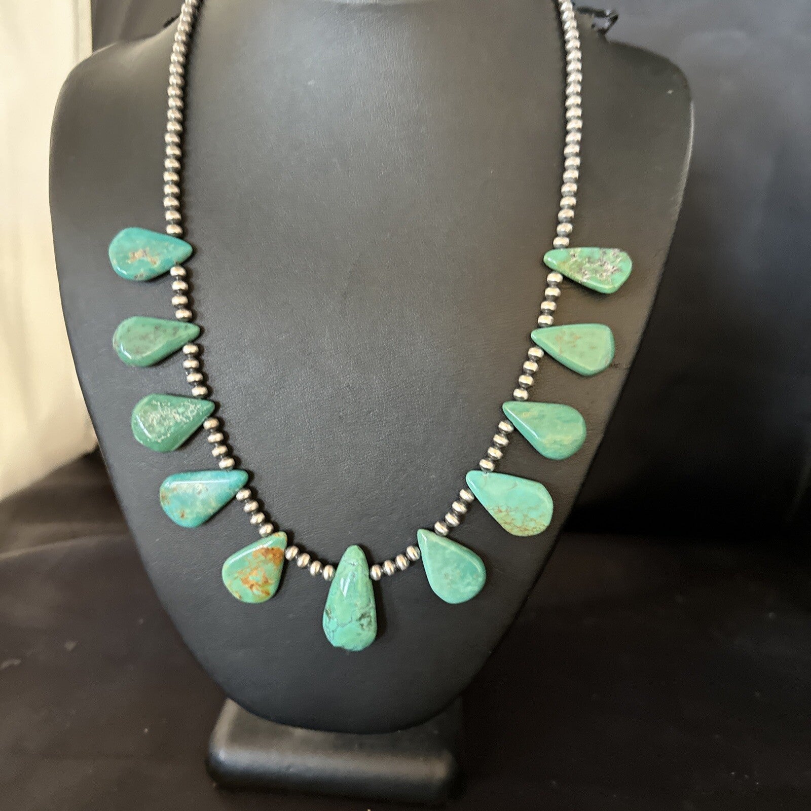 Blue Turquoise Teardrop Navajo Pearls Sterling Silver Necklace 14387