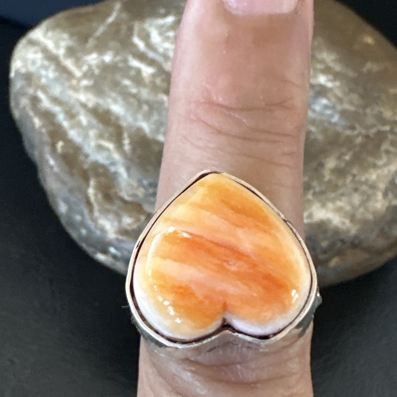 Orange Heart Ring Handmade Navajo Spiny Oyster Sterling Silver Sz 8 19327