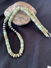Green Turquoise Stabilized Heishi 8mm Beads Necklace 20" | Sterling Silver | Authentic Native American Handmade
