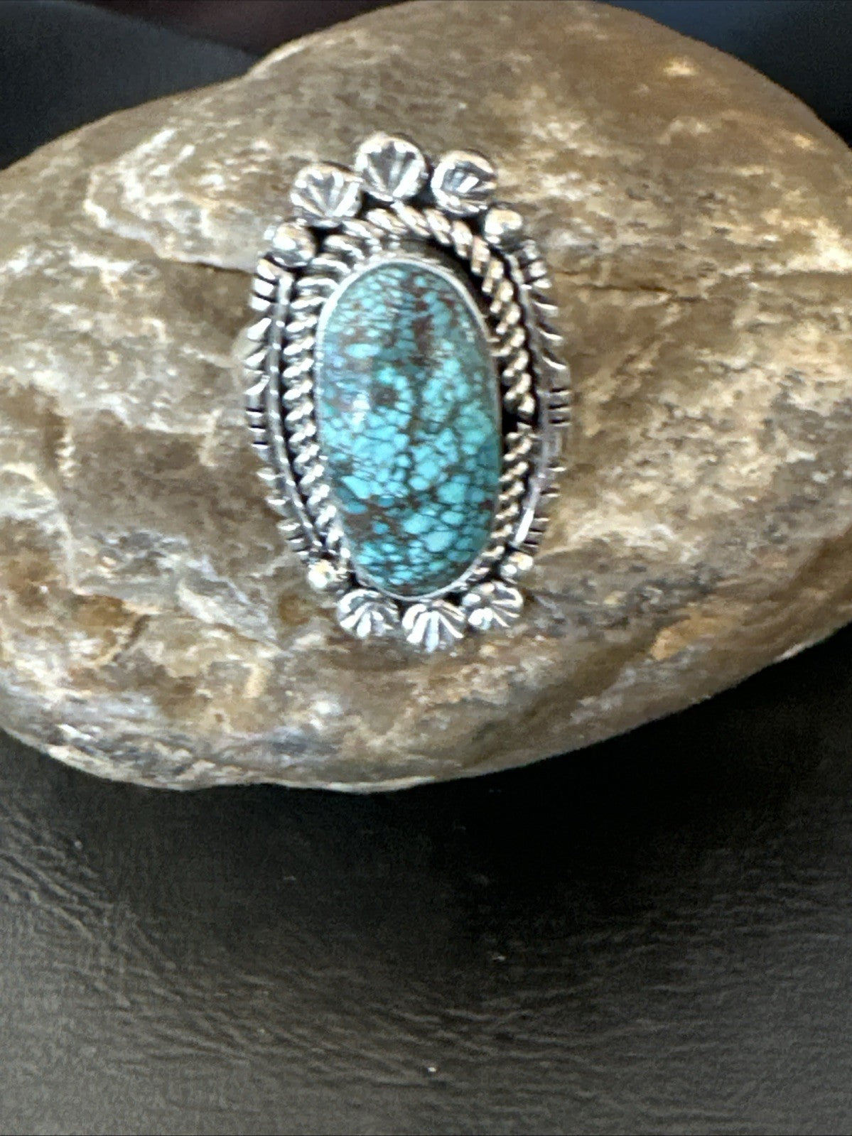 Navajo Sterling Silver Spiderweb Turquoise Adjustable Ring Sz 8 19616