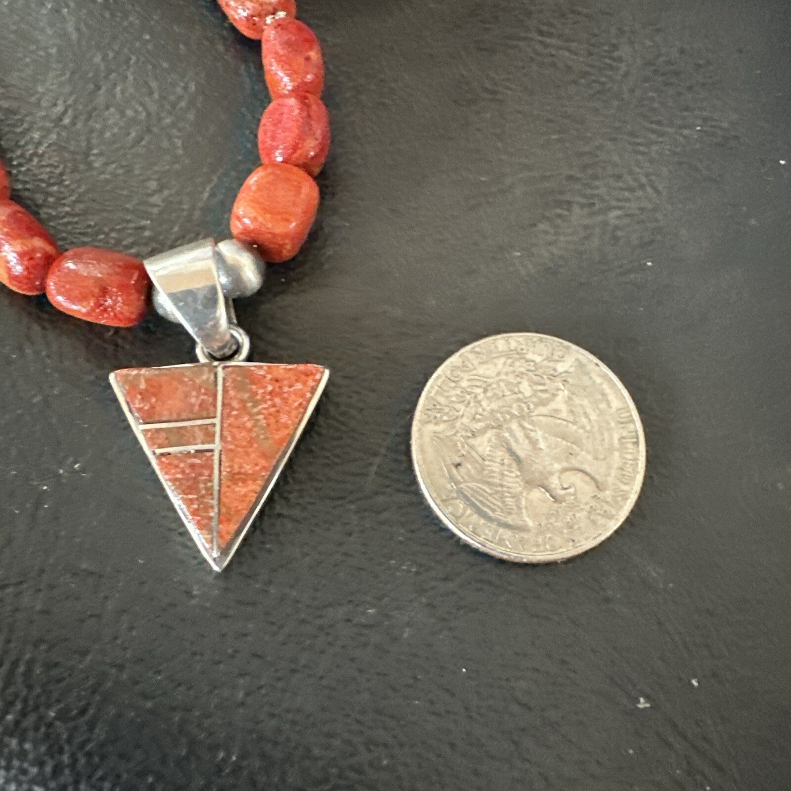 Navajo Apple Sponge Coral Sterling Silver Necklace Inlay Pendant 21” 18755