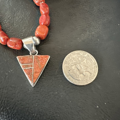 Navajo Apple Sponge Coral Sterling Silver Necklace Inlay Pendant 21” 18755