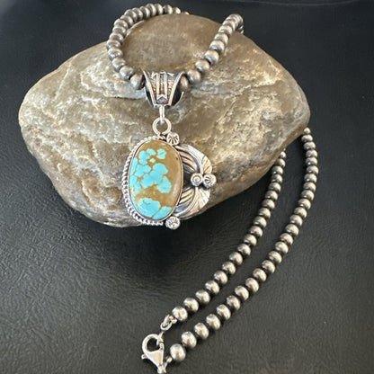 Mens Blue Turquoise#8 Pendant Navajo Sterling Silver Necklace 18086