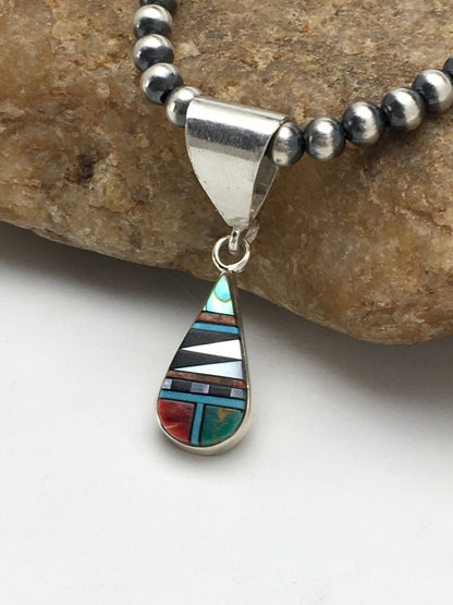 Turquoise MultiStone Inlay Pendant Sterling Silver Bead Necklace 1.75" 02705