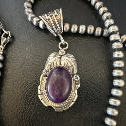 Purple Stone Pendant Navajo Pearls Sterling Silver Necklace 20” 18403