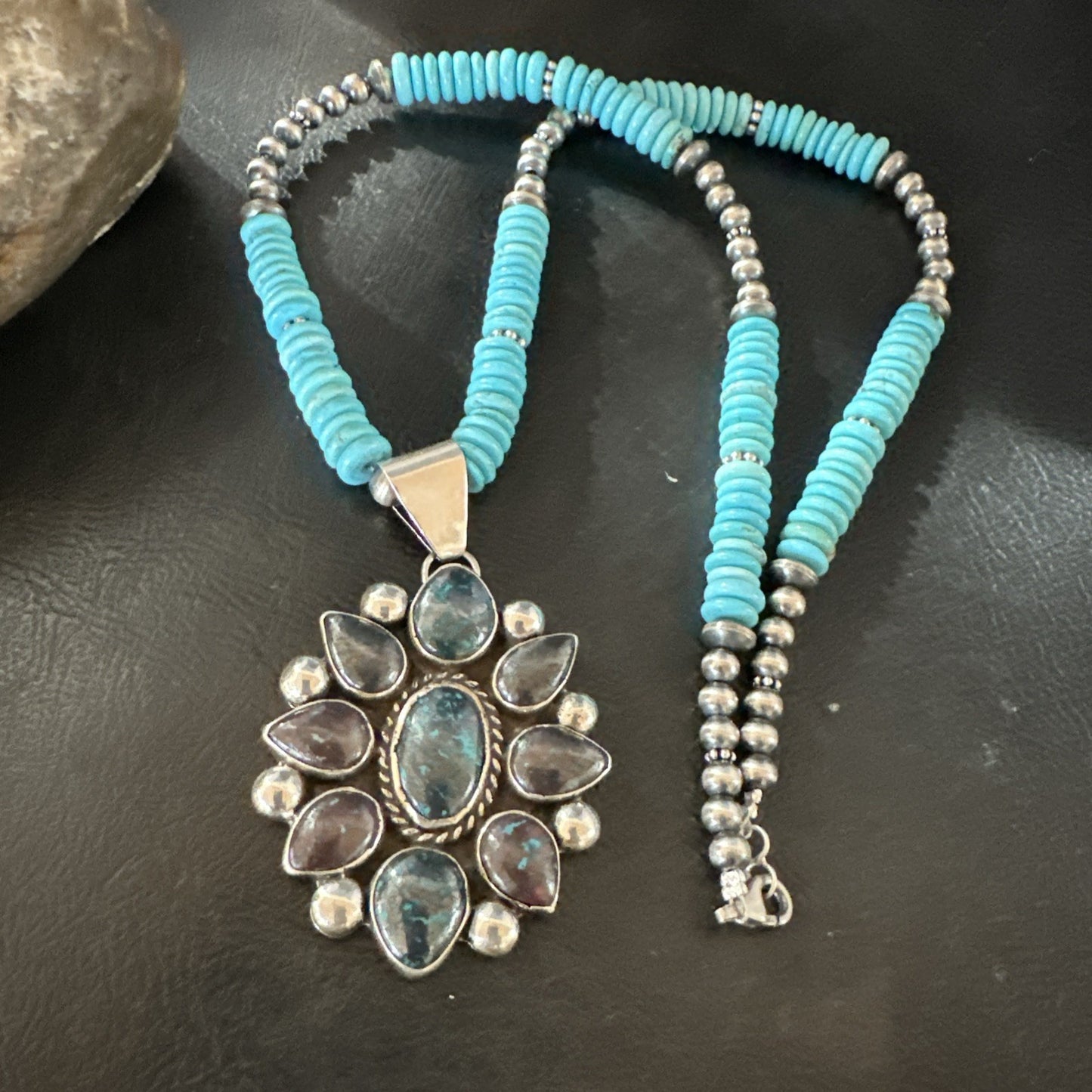 Blue Turquoise Navajo Sterling Silver Cluster Round Pendant Necklace 2”19660